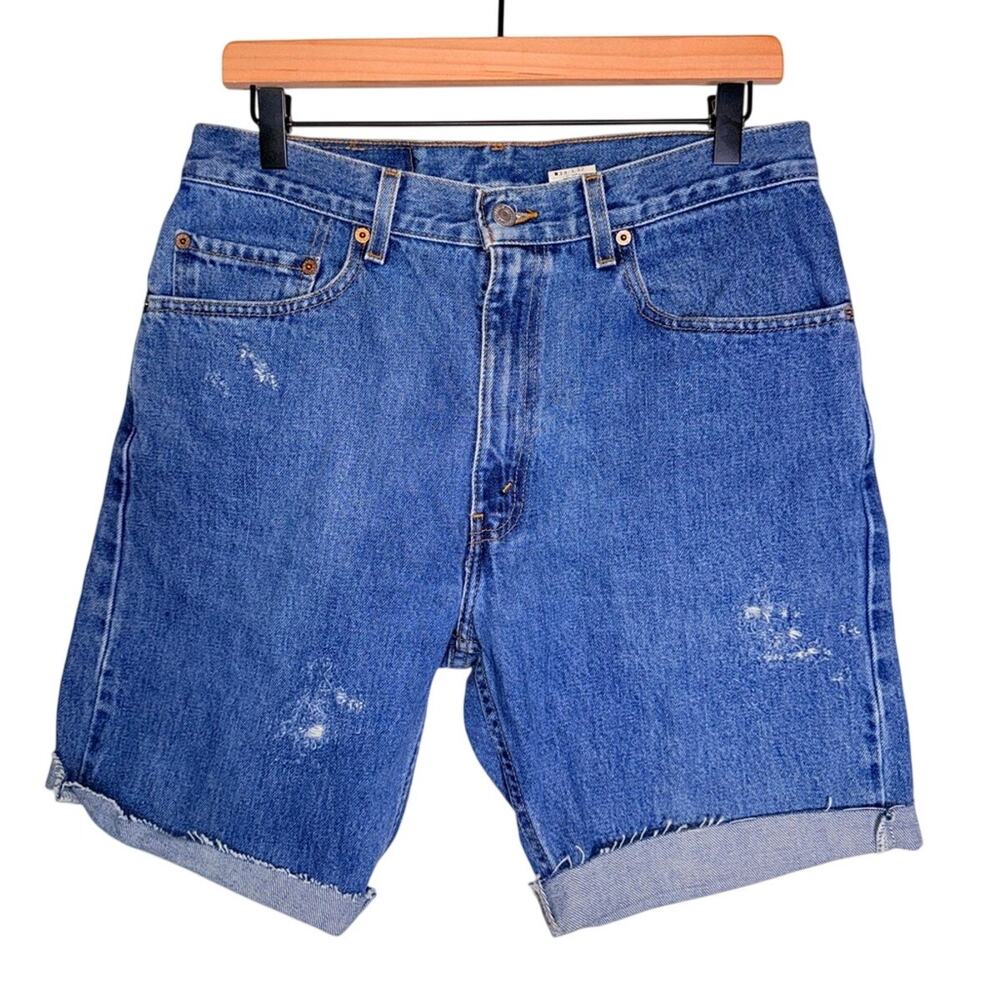 VINTAGE LEVIS cutoff cuffed 505 Regular Fit Long Line Bermuda denim shorts 33